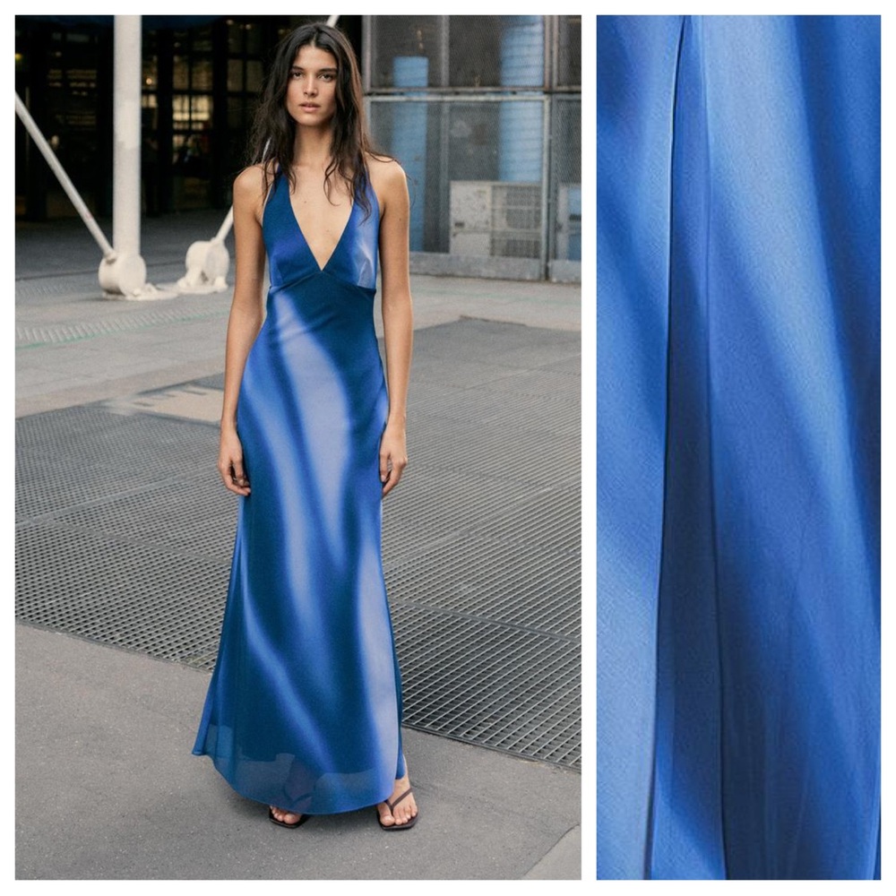 NWT. Zara Blue Printed Halter Neck Long Dress. Size L.